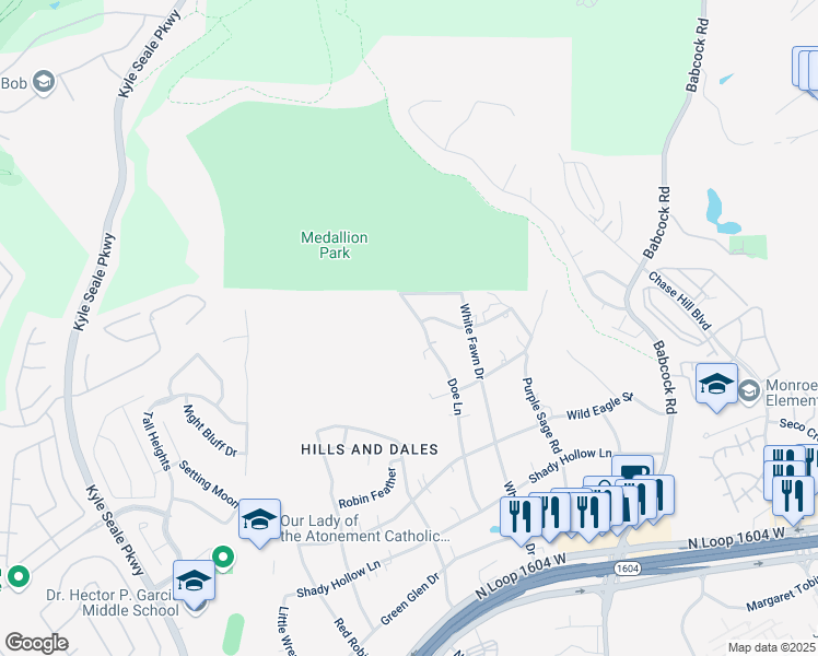 map of restaurants, bars, coffee shops, grocery stores, and more near 16111 Doe Lane in San Antonio