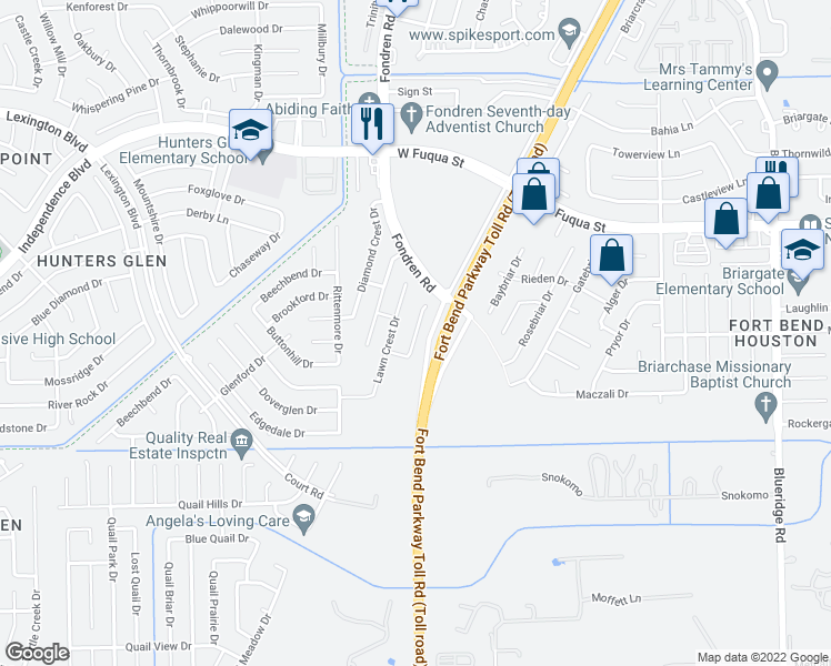 map of restaurants, bars, coffee shops, grocery stores, and more near 2318 Brookeland Meadow Court in Missouri City