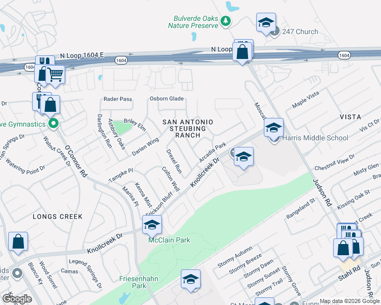 map of restaurants, bars, coffee shops, grocery stores, and more near 15826 Darlington Gap in San Antonio