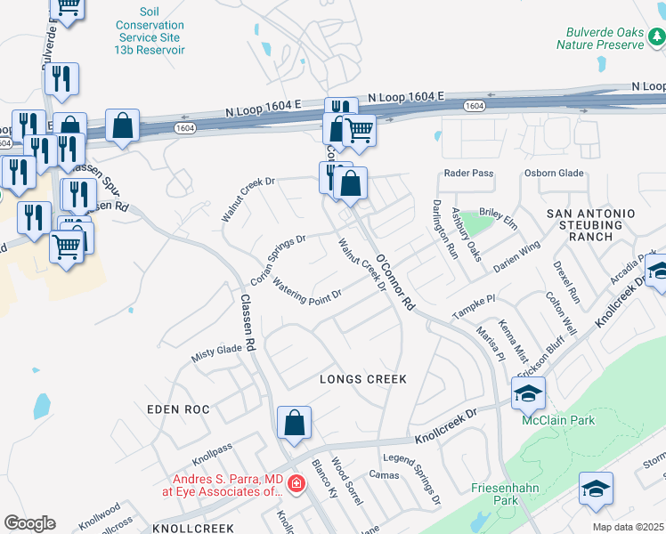 map of restaurants, bars, coffee shops, grocery stores, and more near 4838 Sunlit Well Drive in San Antonio