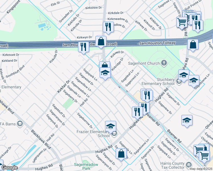 map of restaurants, bars, coffee shops, grocery stores, and more near 10807 Sagegulf Lane in Houston