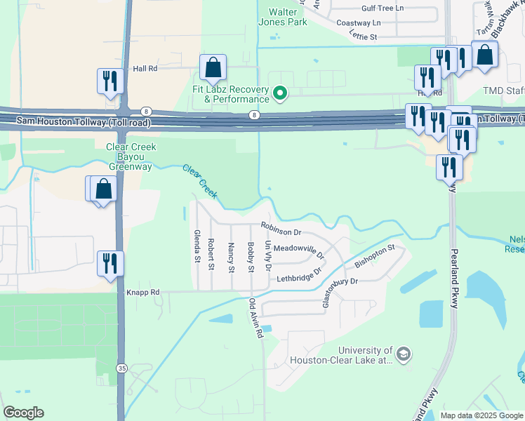 map of restaurants, bars, coffee shops, grocery stores, and more near 3507 Robinson Drive in Pearland