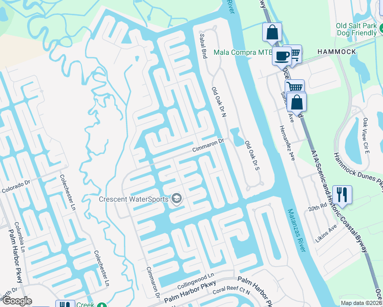 map of restaurants, bars, coffee shops, grocery stores, and more near 114 Cimmaron Drive in Palm Coast