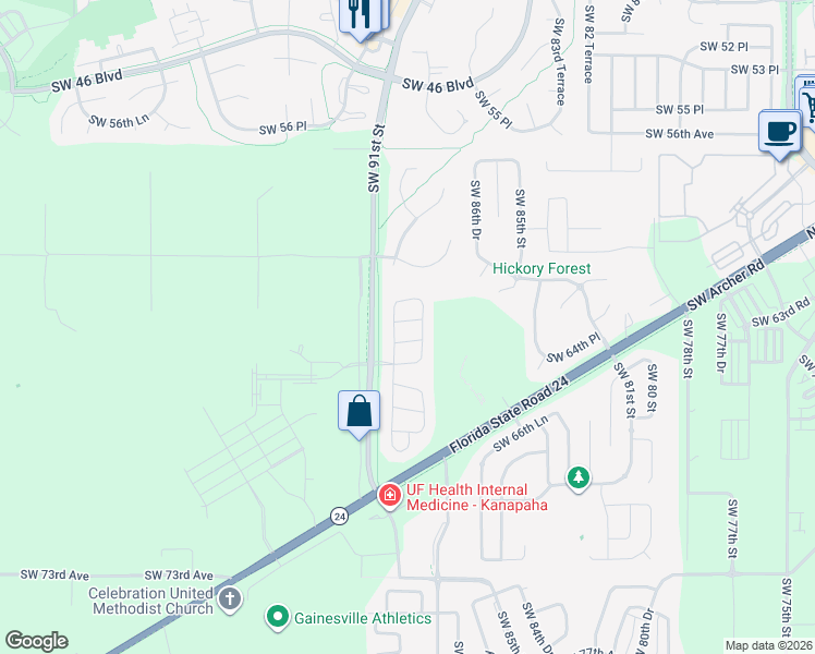 map of restaurants, bars, coffee shops, grocery stores, and more near 8951 Southwest 63rd Place in Gainesville