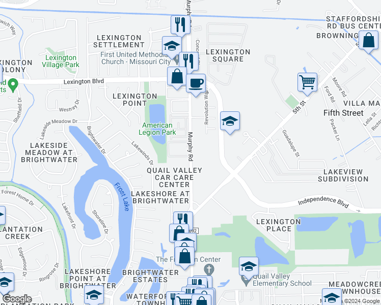 map of restaurants, bars, coffee shops, grocery stores, and more near 1804 Farm to Market Road 1092 in Stafford