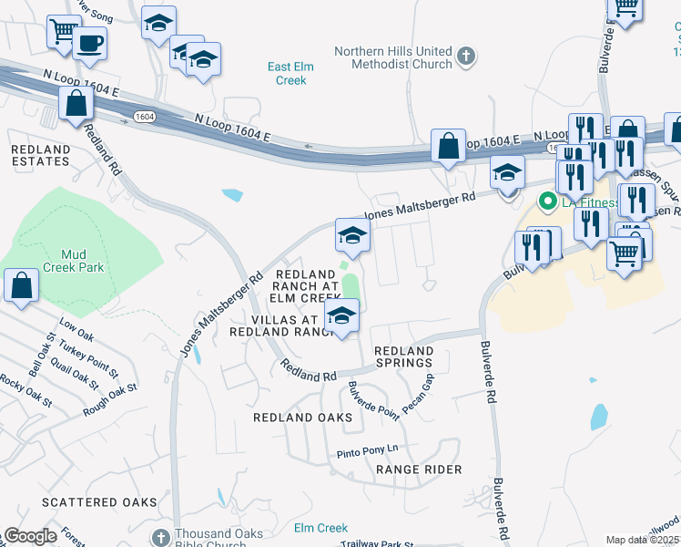 map of restaurants, bars, coffee shops, grocery stores, and more near 17150 Jones Maltsberger Road in San Antonio