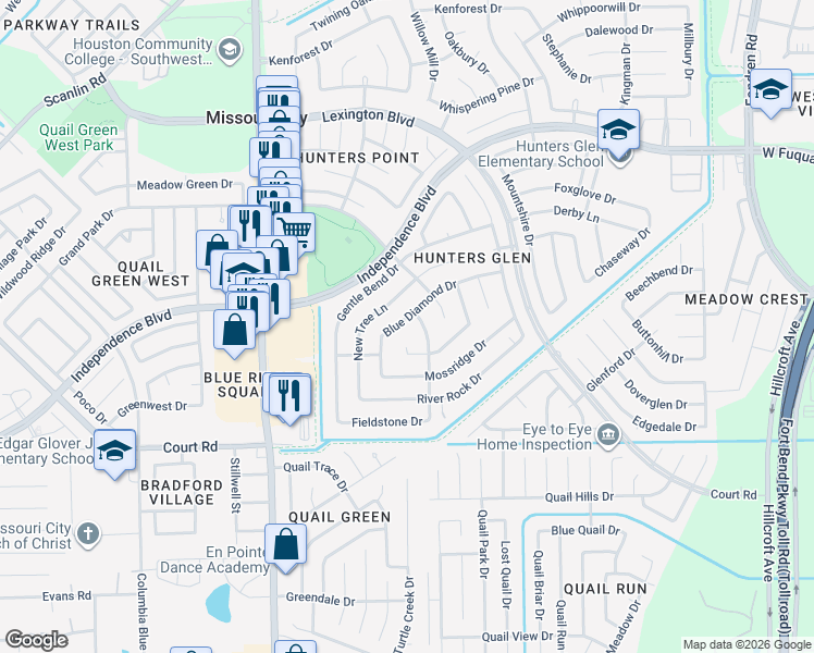 map of restaurants, bars, coffee shops, grocery stores, and more near 1339 Blue Diamond Drive in Missouri City