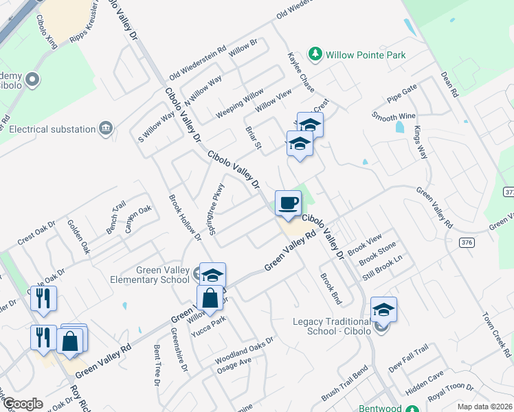 map of restaurants, bars, coffee shops, grocery stores, and more near 160 Springtree Bluff in Cibolo