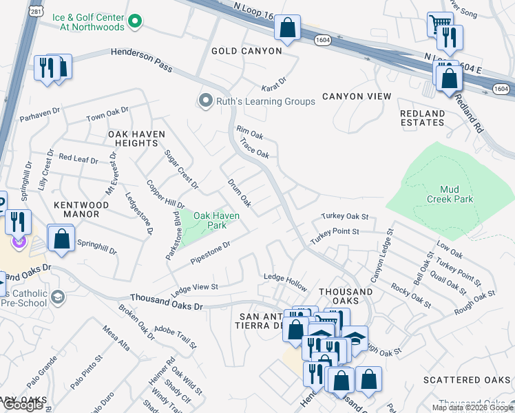 map of restaurants, bars, coffee shops, grocery stores, and more near 2403 Cedar Ridge in San Antonio