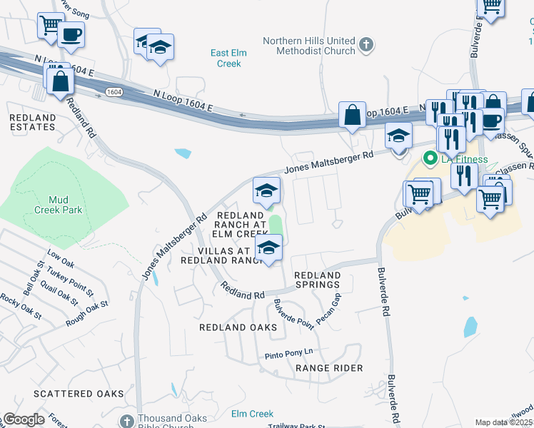 map of restaurants, bars, coffee shops, grocery stores, and more near 17150 Jones Maltsberger Road in San Antonio