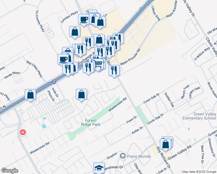 map of restaurants, bars, coffee shops, grocery stores, and more near 4629 Flagstone Drive in Schertz