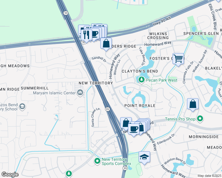 map of restaurants, bars, coffee shops, grocery stores, and more near 803 Spring Mist Court in Sugar Land
