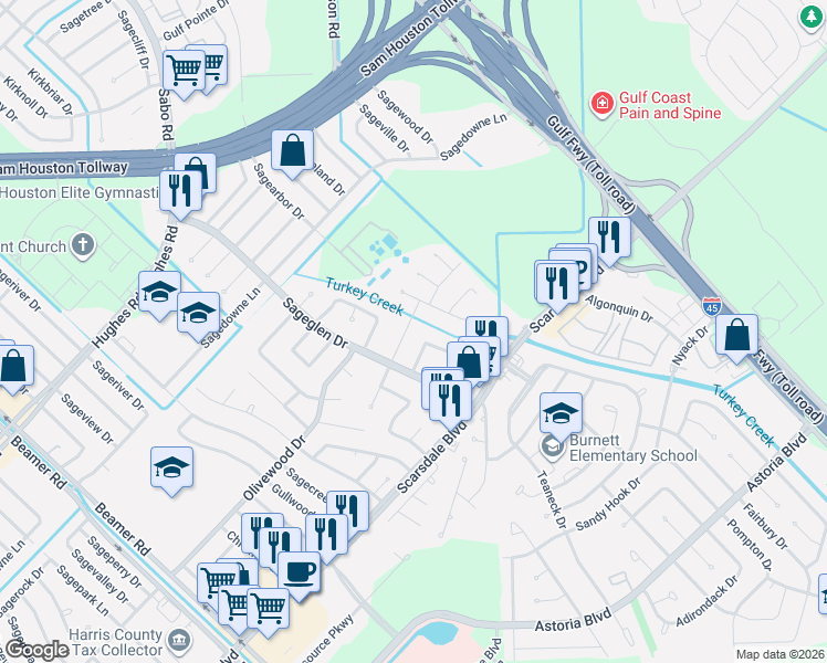 map of restaurants, bars, coffee shops, grocery stores, and more near 11611 Burlwood Drive in Houston