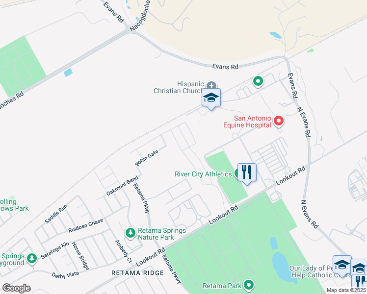 map of restaurants, bars, coffee shops, grocery stores, and more near 16845 Showdown Path in Selma