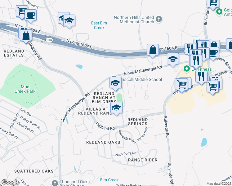 map of restaurants, bars, coffee shops, grocery stores, and more near 17150 Jones Maltsberger Rd in San Antonio