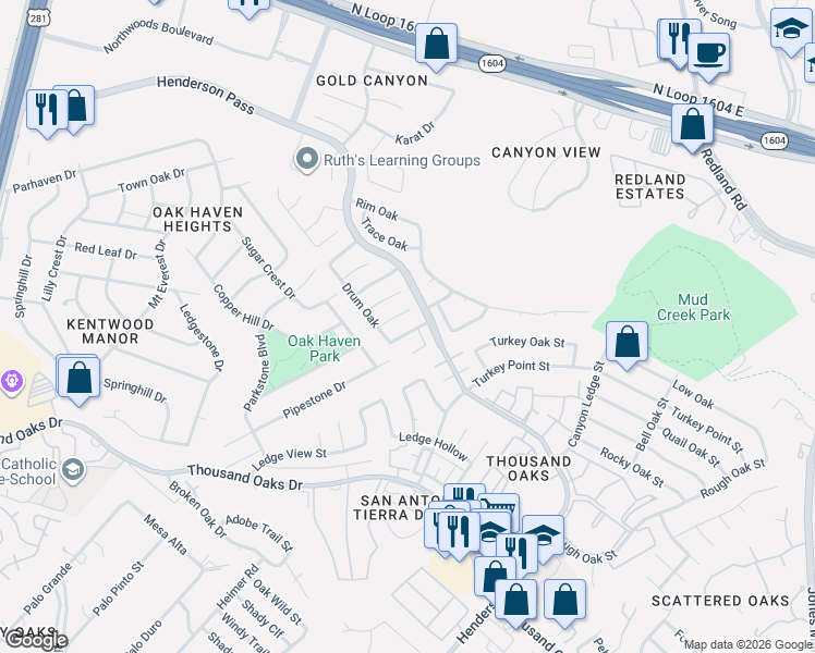 map of restaurants, bars, coffee shops, grocery stores, and more near 2438 Cedar Trace in San Antonio