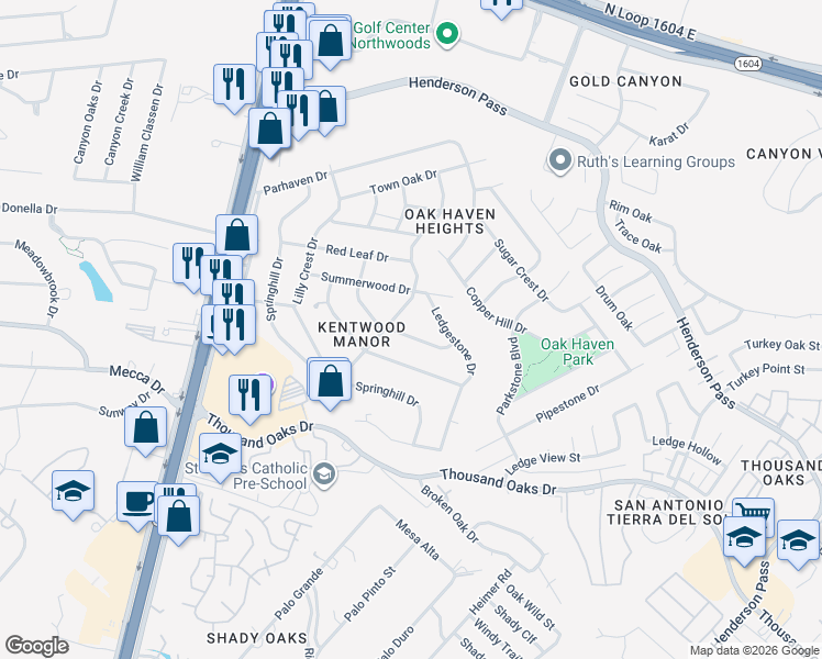map of restaurants, bars, coffee shops, grocery stores, and more near 1810 Poppy Peak Street in San Antonio