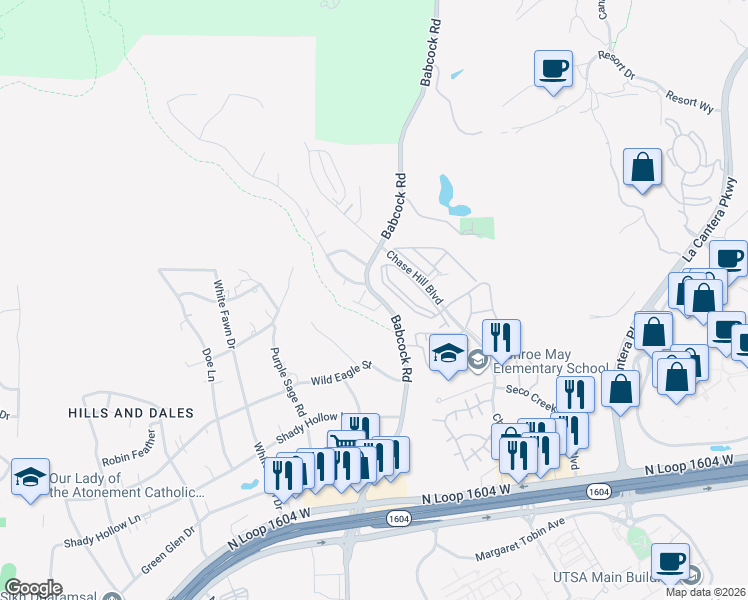 map of restaurants, bars, coffee shops, grocery stores, and more near 16011 Babcock Road in San Antonio