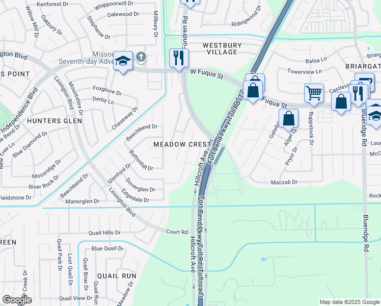 map of restaurants, bars, coffee shops, grocery stores, and more near 2318 Brookeland Meadow Court in Missouri City