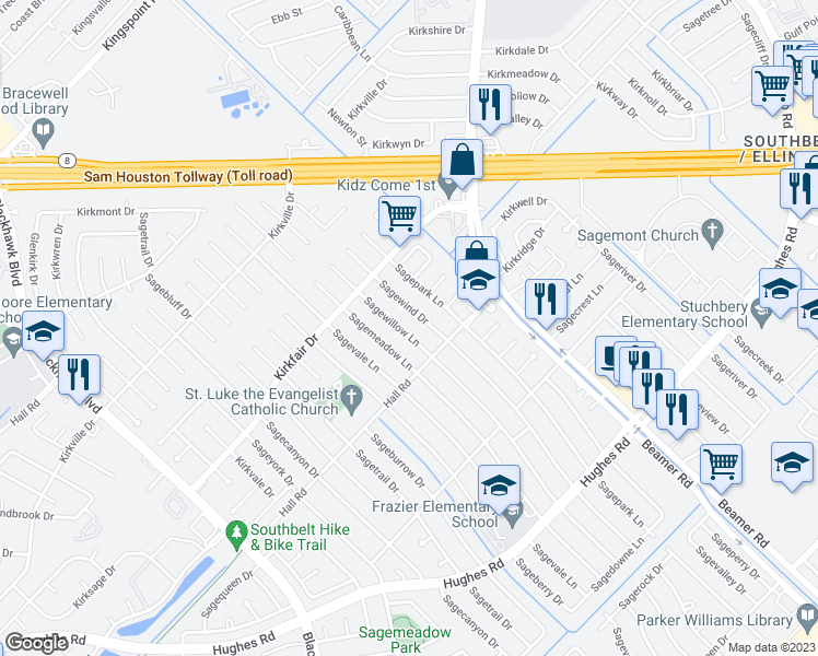 map of restaurants, bars, coffee shops, grocery stores, and more near 10715 Sagewillow Lane in Houston