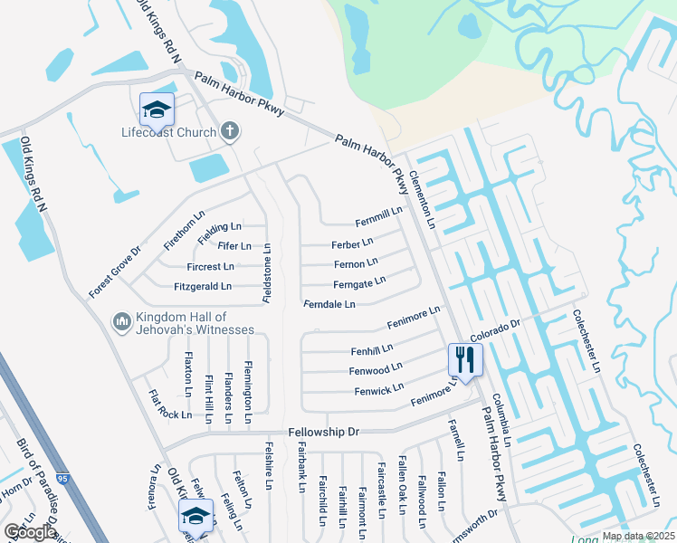 map of restaurants, bars, coffee shops, grocery stores, and more near 27 Fernon Lane in Palm Coast