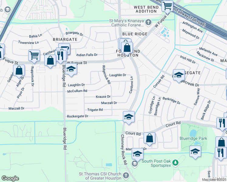 map of restaurants, bars, coffee shops, grocery stores, and more near 15911 Ridgerock Road in Missouri City