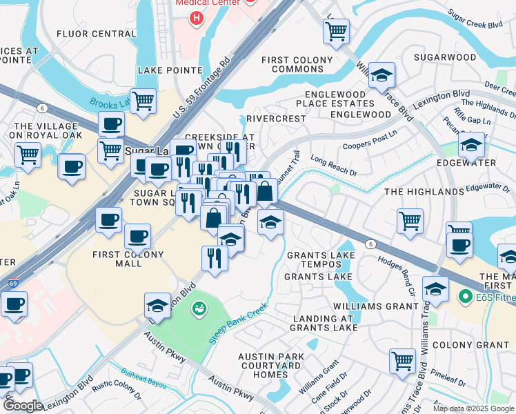 map of restaurants, bars, coffee shops, grocery stores, and more near 2528 Highway 6 in Sugar Land