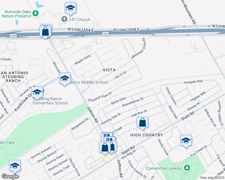 map of restaurants, bars, coffee shops, grocery stores, and more near 5375 Chestnut View Drive in San Antonio