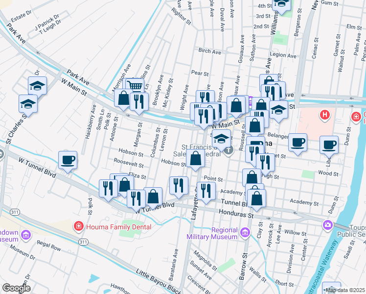 map of restaurants, bars, coffee shops, grocery stores, and more near 320 Barataria Avenue in Houma