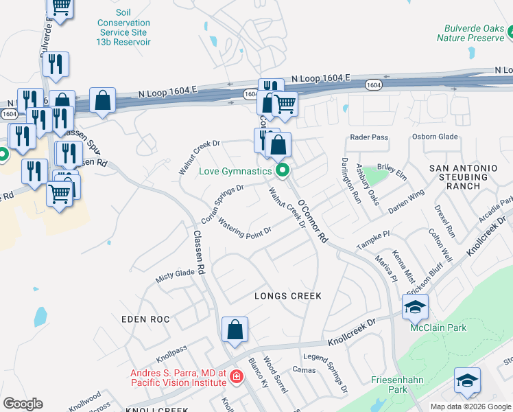 map of restaurants, bars, coffee shops, grocery stores, and more near 16003 Hickory Well Drive in San Antonio