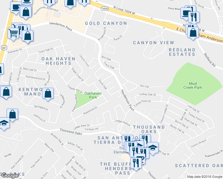 map of restaurants, bars, coffee shops, grocery stores, and more near 2403 Cedar Ridge in San Antonio