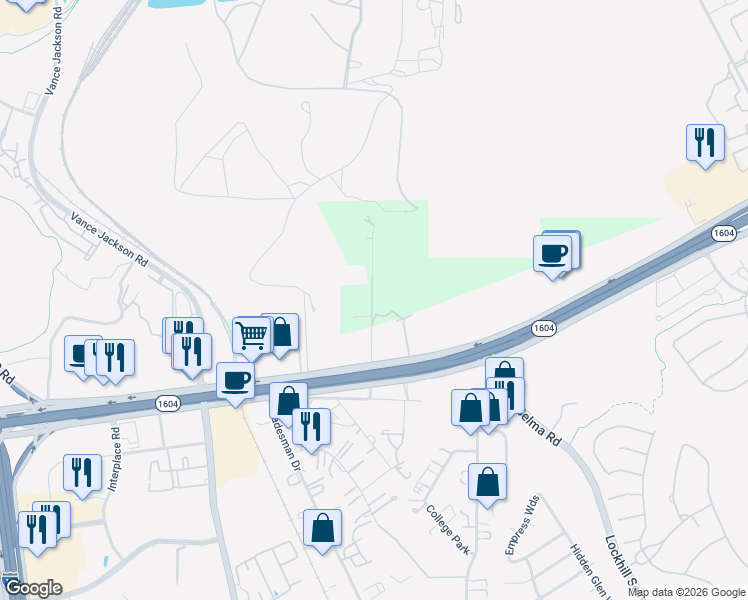 map of restaurants, bars, coffee shops, grocery stores, and more near 4886 North Loop 1604 East in San Antonio