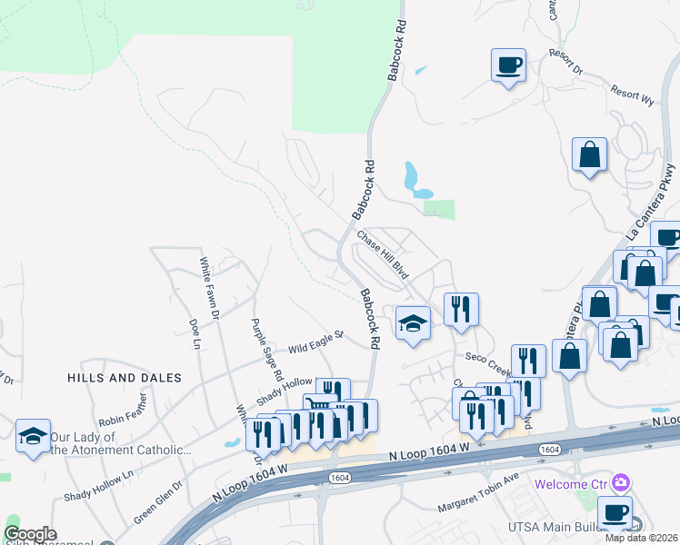 map of restaurants, bars, coffee shops, grocery stores, and more near 16011 Babcock Road in San Antonio
