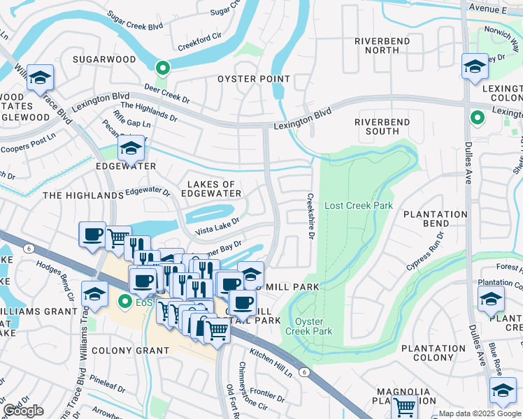 map of restaurants, bars, coffee shops, grocery stores, and more near 3410 Watersedge Drive in Sugar Land