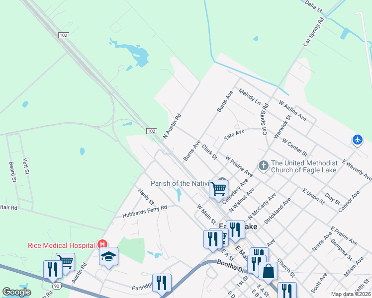 map of restaurants, bars, coffee shops, grocery stores, and more near 607 Pendleton Street in Eagle Lake