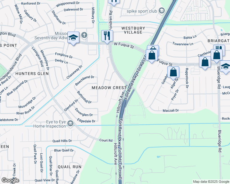 map of restaurants, bars, coffee shops, grocery stores, and more near 2318 Brookeland Meadow Court in Missouri City