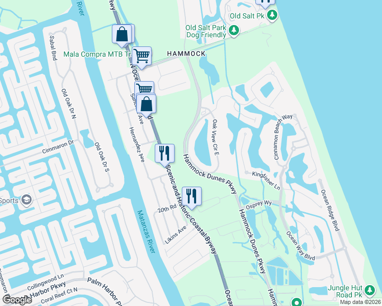 map of restaurants, bars, coffee shops, grocery stores, and more near 52 Oakview Circle West in Palm Coast