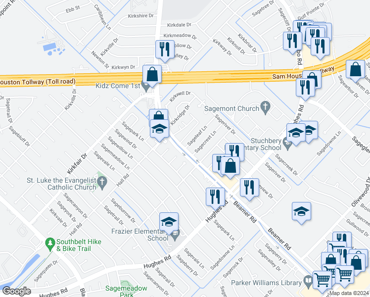 map of restaurants, bars, coffee shops, grocery stores, and more near 11811 Beamer Road in Houston