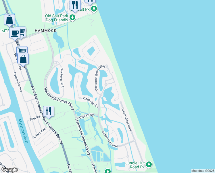 map of restaurants, bars, coffee shops, grocery stores, and more near 103 Ocean Way North in Palm Coast