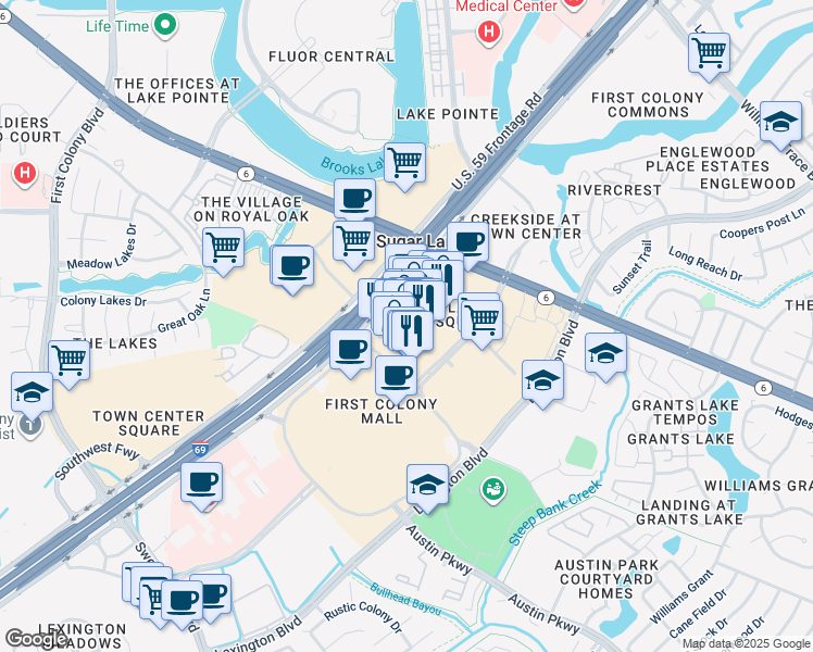 map of restaurants, bars, coffee shops, grocery stores, and more near 2200 Lone Star Drive in Sugar Land