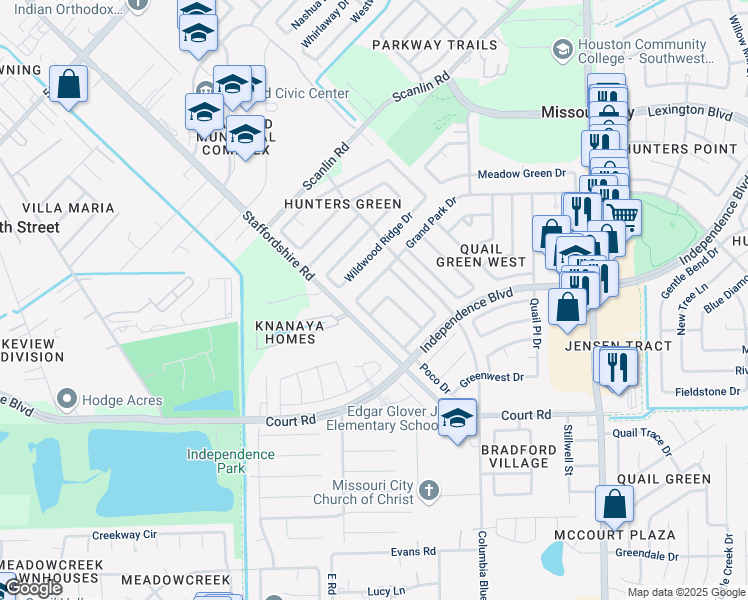 map of restaurants, bars, coffee shops, grocery stores, and more near 2014 Kitty Hawk Drive in Missouri City