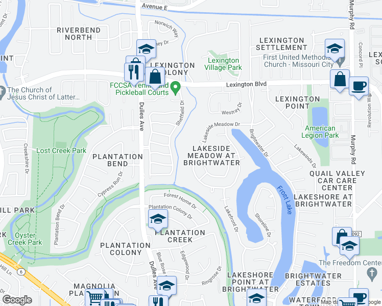 map of restaurants, bars, coffee shops, grocery stores, and more near 4707 Brookside Court in Missouri City