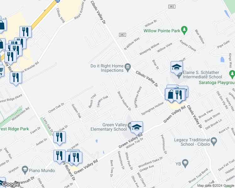 map of restaurants, bars, coffee shops, grocery stores, and more near 4053 Brook Hollow Drive in Schertz