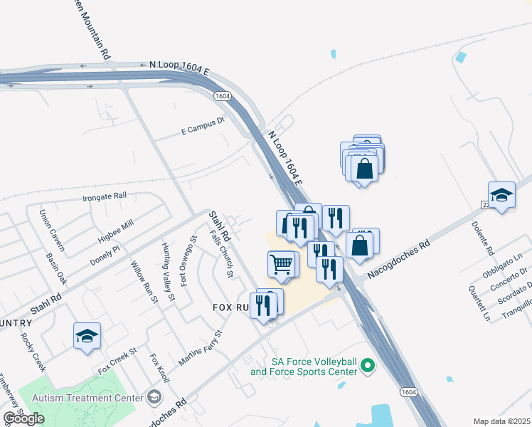 map of restaurants, bars, coffee shops, grocery stores, and more near 6730 North Loop 1604 East in San Antonio