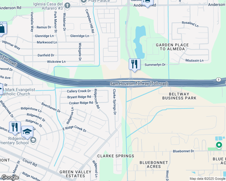 map of restaurants, bars, coffee shops, grocery stores, and more near 15738 Clarke Springs Drive in Houston