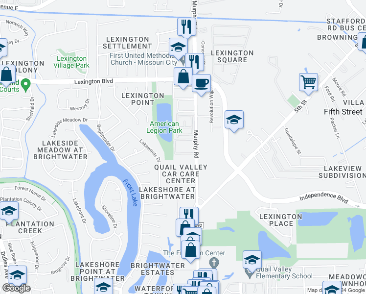 map of restaurants, bars, coffee shops, grocery stores, and more near 1800 FM 1092 Road in Missouri City