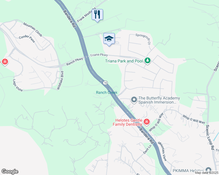 map of restaurants, bars, coffee shops, grocery stores, and more near 16501 Bandera Road in Helotes