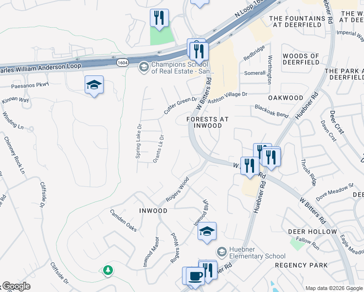 map of restaurants, bars, coffee shops, grocery stores, and more near 16 Aspen Creek Drive in San Antonio