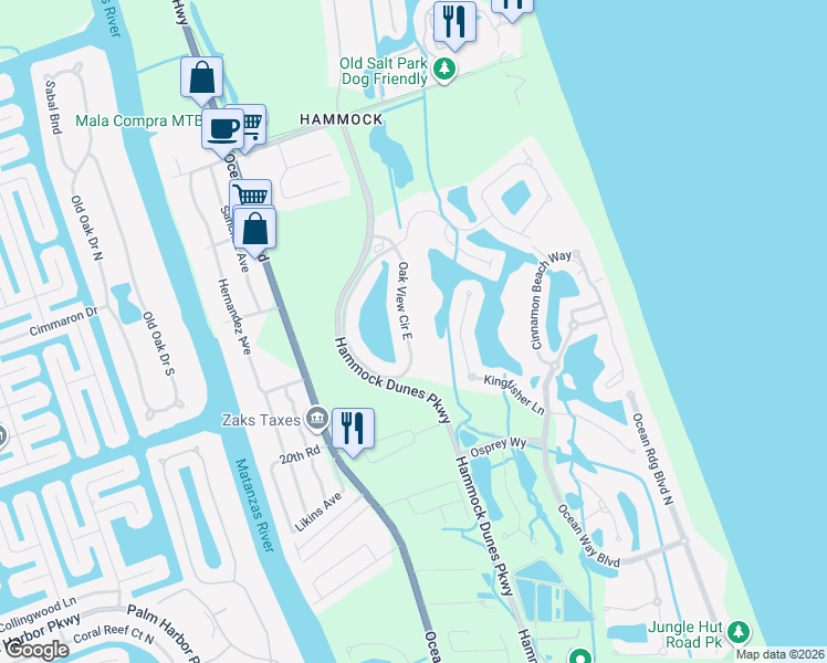 map of restaurants, bars, coffee shops, grocery stores, and more near 32 Oak View Circle East in Palm Coast