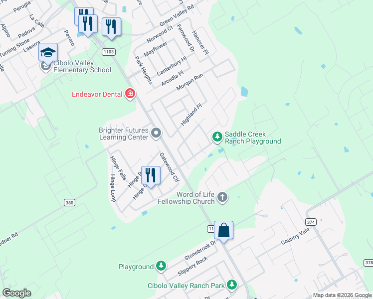 map of restaurants, bars, coffee shops, grocery stores, and more near 217 Wildcat Run in Cibolo